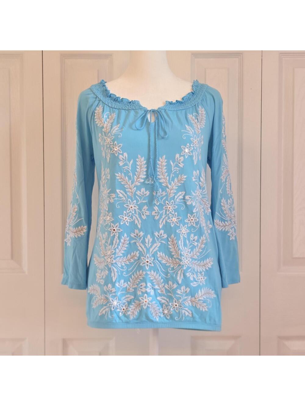 Y2K Boho Light Blue Floral Embroidered Peasant Blouse Sz XS Retro Folk Tunic Top